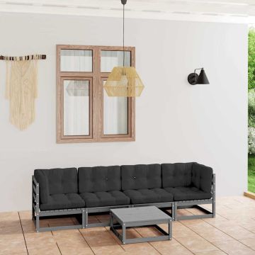 Set Divani da Giardino 5 pz con Cuscini Legno Massello di Pino