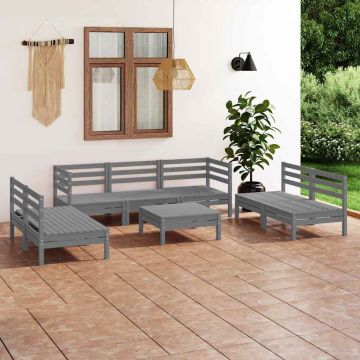 Set Divani da Giardino 8 pz Grigio in Legno Massello di Pino