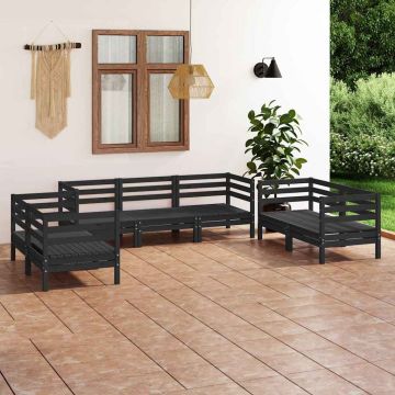 Set Divani da Giardino 7 pz Nero in Legno Massello di Pino