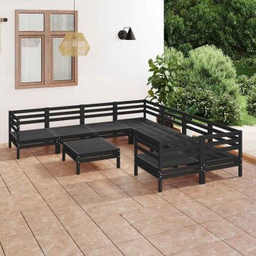 Set Salotto da Giardino 9 pz Nero in Legno Massello di Pino