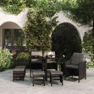 Set da Pranzo da Giardino 9 pz con Cuscini Nero in Polyrattan