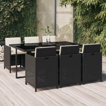 Set da Pranzo da Giardino 7 pz Nero con Cuscini in Polyrattan