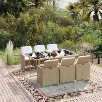 Set da Pranzo da Giardino 7 pz con Cuscini in Polyrattan Beige