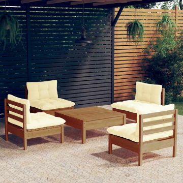 Set Salotto da Giardino 5pz con Cuscini Crema in Legno di Pino