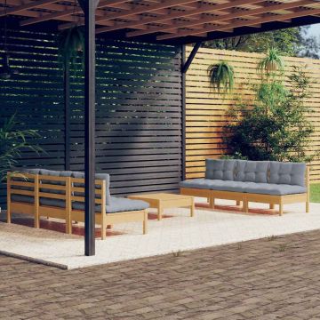 Set Divani da Giardino 7 pz con Cuscini Grigi Massello di Pino