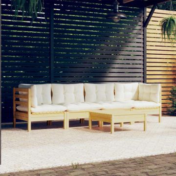 Set Divani da Giardino 5 pz con Cuscini Crema Massello di Pino