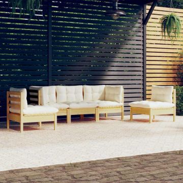Set Divani da Giardino 5 pz con Cuscini Crema Massello di Pino