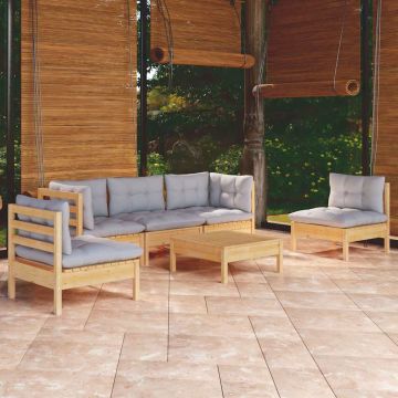 Set Divani da Giardino 6 pz con Cuscini Grigi Massello di Pino