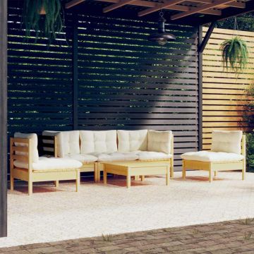 Set Divani da Giardino 6 pz con Cuscini Crema Massello di Pino