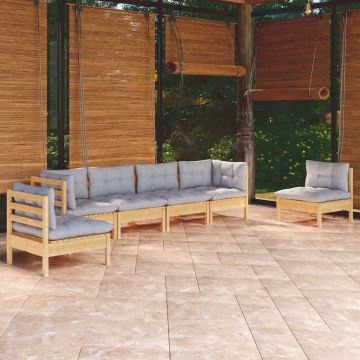 Set Divani da Giardino 6 pz con Cuscini Grigi Massello di Pino