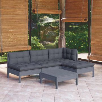Set Divani da Giardino 5 pz con Cuscini Grigi Massello di Pino