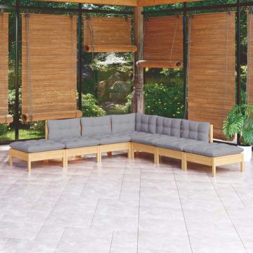 Set Divani da Giardino 7 pz con Cuscini Grigi Massello di Pino