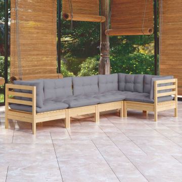 Set Divani da Giardino 5 pz con Cuscini Grigi Massello di Pino