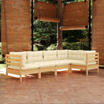 Set Divani da Giardino 5 pz con Cuscini Crema Massello di Pino