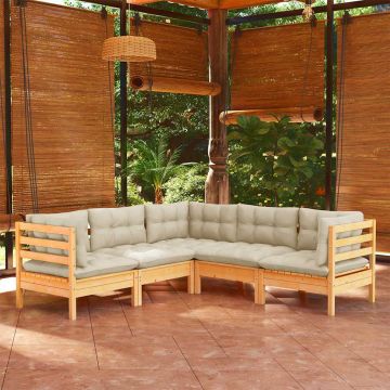 Set Divani da Giardino 5 pz con Cuscini Crema Massello di Pino