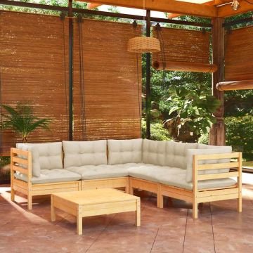 Set Divani da Giardino 6 pz con Cuscini Crema Massello di Pino