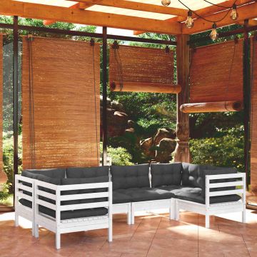 Set Divani da Giardino 6 pz con Cuscini Bianchi Legno di Pino