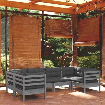 Set Divani da Giardino 6 pz con Cuscini Grigi Massello di Pino