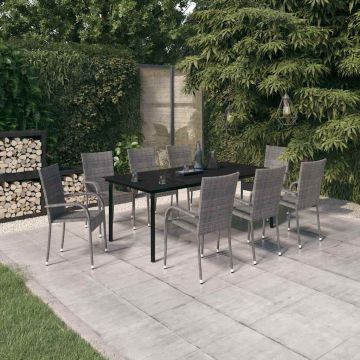 Set da Pranzo per Giardino 9 pz con Cuscini Grigio e Nero