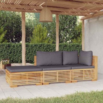 Salotto da giardino 3 pz in teak con cuscini grigio scuro