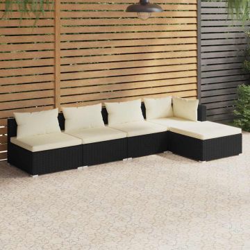 Divani da giardino modulari 5 pz in rattan PE nero, cuscini crema