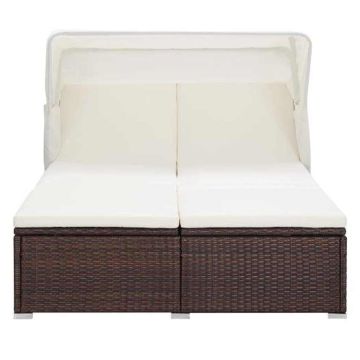 Lettino Prendisole a 2 Posti con Cuscino in Polyrattan Marrone