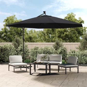 Ombrellone a Sbalzo con Palo e Luci a LED Nero 350 cm