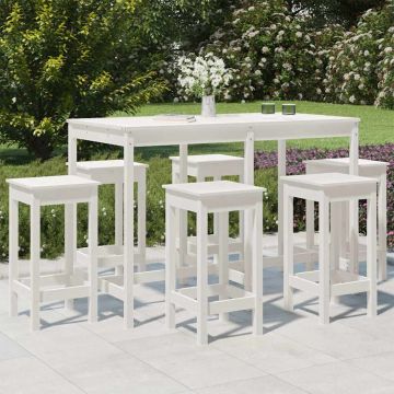 Set Bar da Giardino Bianco in Legno di Pino, Tavolo e 6 Sgabelli