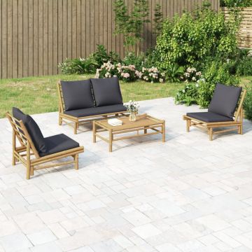 Set Salotto da Giardino 4pz con Cuscini Grigio Scuro Bambù