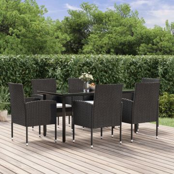 Set da Pranzo da Giardino 7 pz Nero con Cuscini in Polyrattan