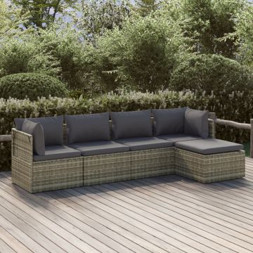 Salotto da giardino grigio in polyrattan, 5 pezzi con cuscini