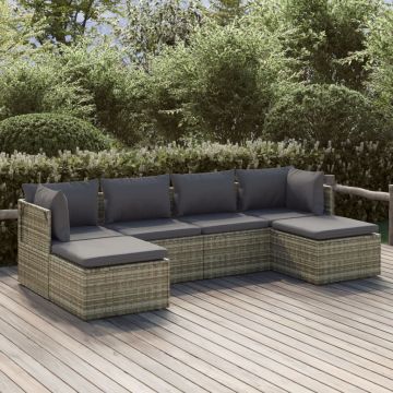 Salotto da giardino in polyrattan grigio, 6 pezzi con cuscini