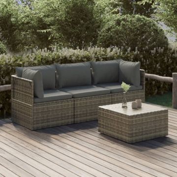 Salotto da giardino grigio in polyrattan, 4 pezzi con cuscini