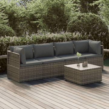 Set Salotto Giardino Polyrattan Grigio 5 pz con Cuscini