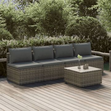 Salotto da giardino 5 pz in rattan PE grigio con cuscini 2