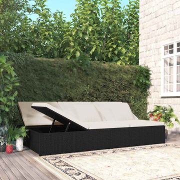 Lettino Prendisole Trasformabile con Cuscini in Polyrattan Nero