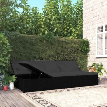 Lettino Prendisole Trasformabile con Cuscini in Polyrattan Nero