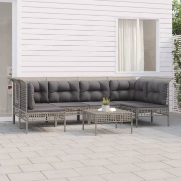 Set Divani da Giardino 7 pz con Cuscini in Polyrattan Grigio