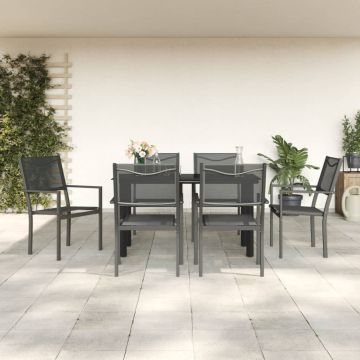 Set da Pranzo da Giardino 7 pz Nero in Acciaio e Textilene