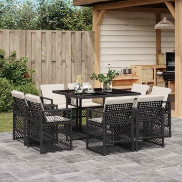 Set da Pranzo da Giardino 9 pz con Cuscini Nero in Polyrattan