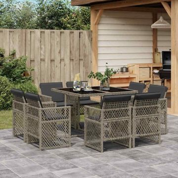 Set da Pranzo da Giardino 9 pz con Cuscini in Polyrattan Grigio