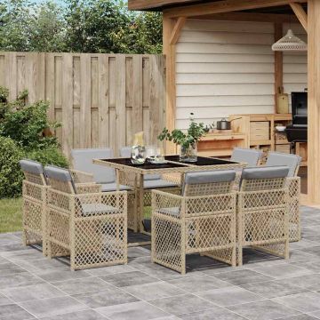 Set Pranzo da Giardino 9 pz con Cuscini Beige Misto Polyrattan