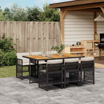 Set da Pranzo da Giardino 7 pz Nero con Cuscini in Polyrattan