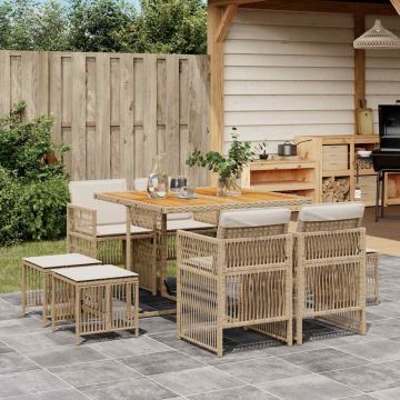 Set da Pranzo da Giardino 9 pz con Cuscini Beige in Polyrattan