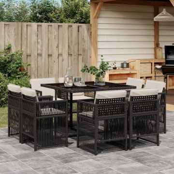 Set da Pranzo da Giardino 9 pz con Cuscini Nero in Polyrattan