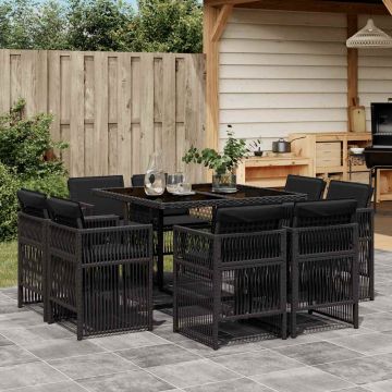 Set da Pranzo da Giardino 9 pz con Cuscini Nero in Polyrattan