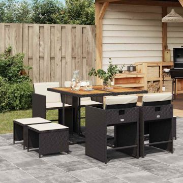 Set Pranzo da Giardino 9 pz Nero in Polyrattan con Cuscini