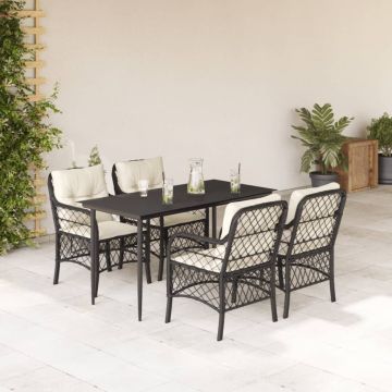 Set da Pranzo da Giardino 5 pz Nero con Cuscini in Polyrattan