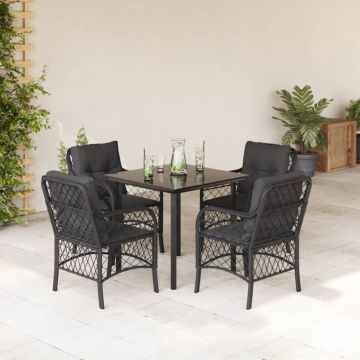Set da Pranzo da Giardino 5 pz Nero con Cuscini in Polyrattan
