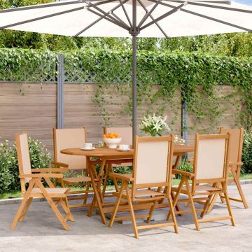 Set di 6 sedie pieghevoli reclinabili in tessuto beige e legno massello.
